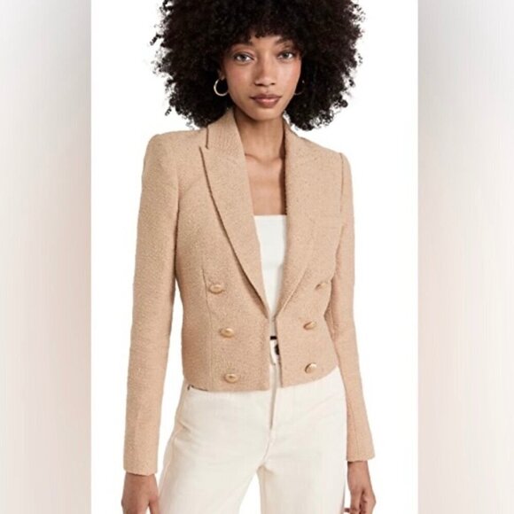 House of Harlow Tweed Cropped Tan Blazer Jacket Size XS Gold Buttons neutral - Picture 5 of 12